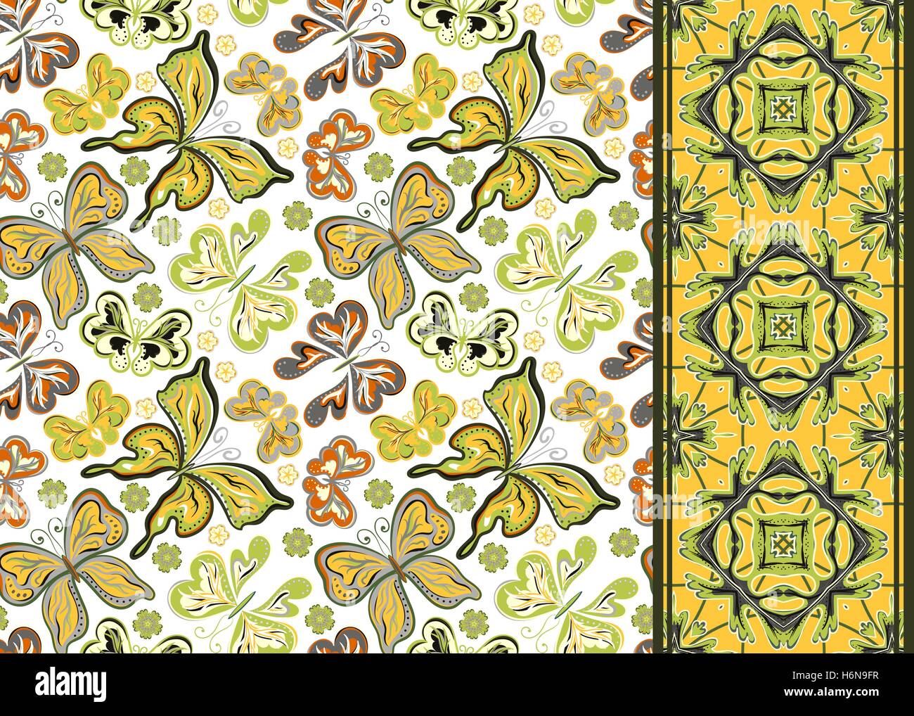 Seamless pattern with colorful vintage butterflies and flowers. Hand ...