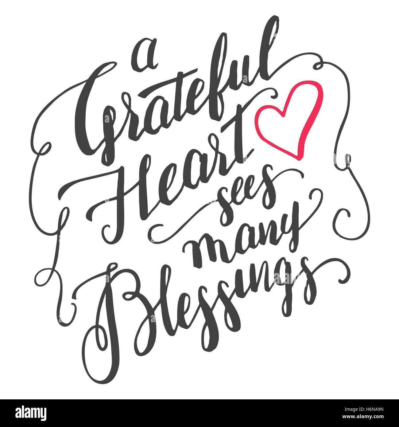 A grateful heart sees many blessings. Gratitude brush calligraphy quote for greeting cards and posters. Handwritten thankfulness Stock Vector