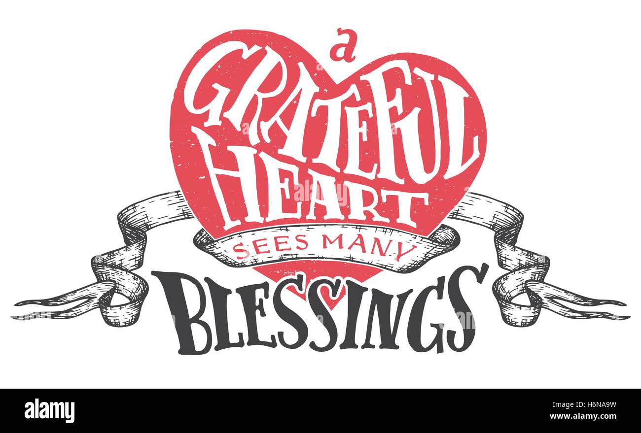 A grateful heart sees many blessings. Gratitude hand lettering quote with heart shape background. Handwritten thankfulness isola Stock Vector