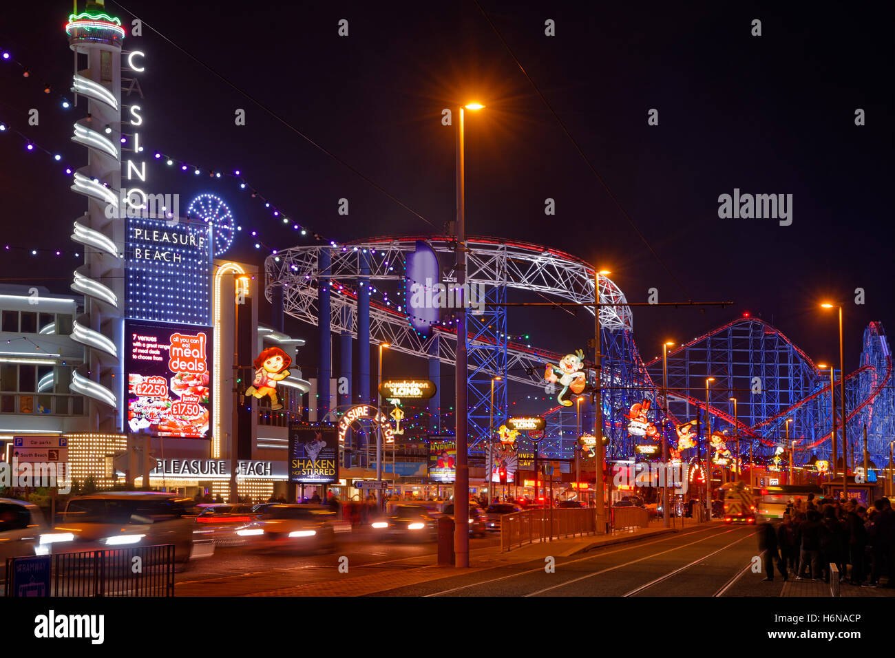 Blackpool Pleasure Beach and promenade during the annual Blackpool Illuminations, Lancashire, England. Stock Photo