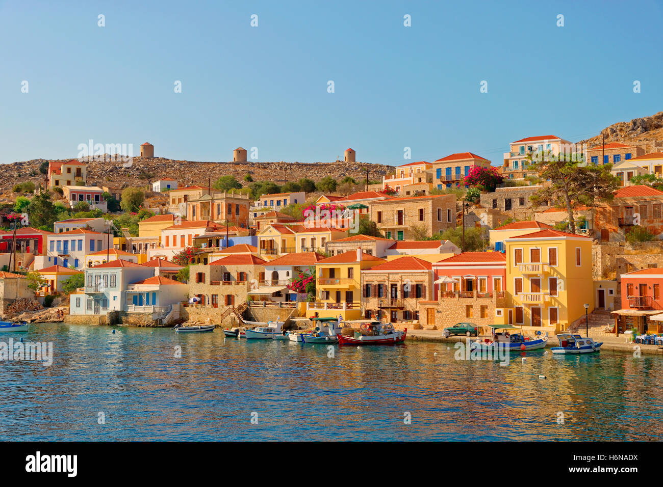 Chalki town on the Greek island of Chalki situated off the north coast of Rhodes in the Dodecanese Island group, Greece. Stock Photo