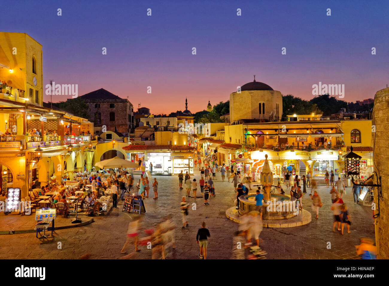 Twilight at Hippocrates (Ipokratous) Square, at Rhodes Old Town, Island of Rhodes, Dodecanese Islands, Greece. Stock Photo