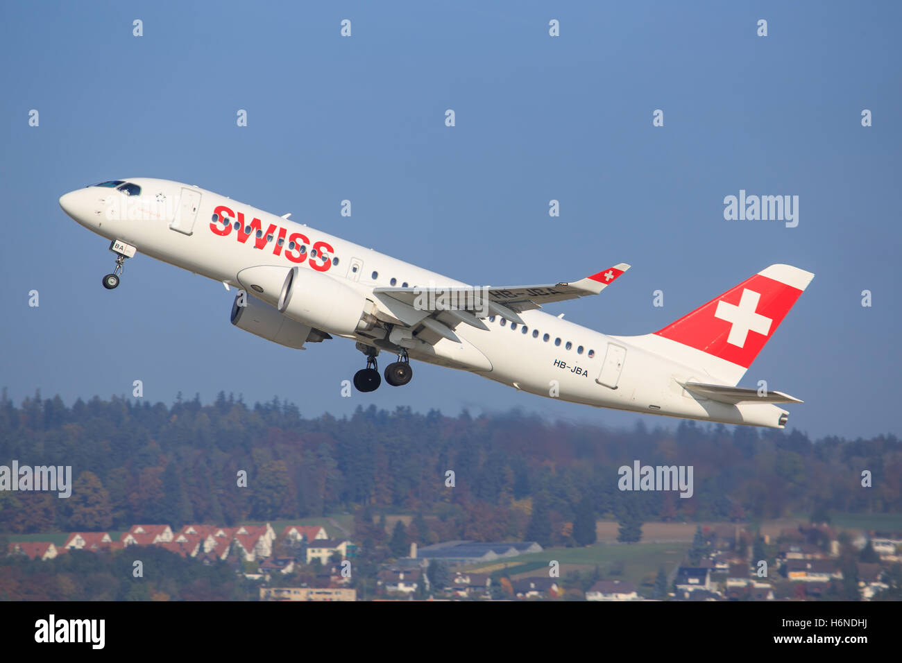 Zurich/Switzerland July10, 2016: Swiss International Air Lines new Bombardier CSeries landing at Zurich Airport. Stock Photo