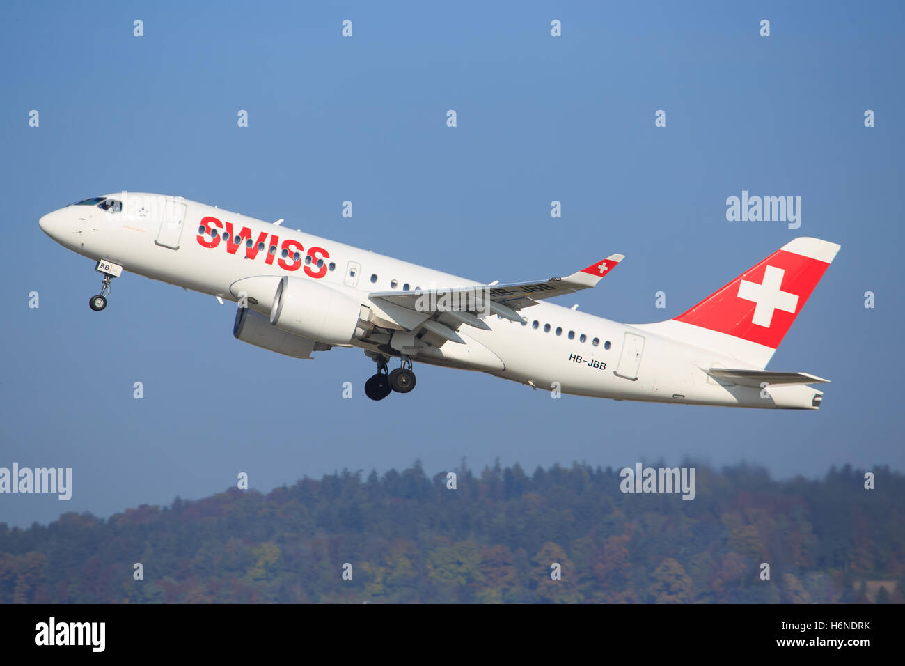 Zurich/Switzerland July10, 2016: Swiss International Air Lines new Bombardier CSeries landing at Zurich Airport. Stock Photo