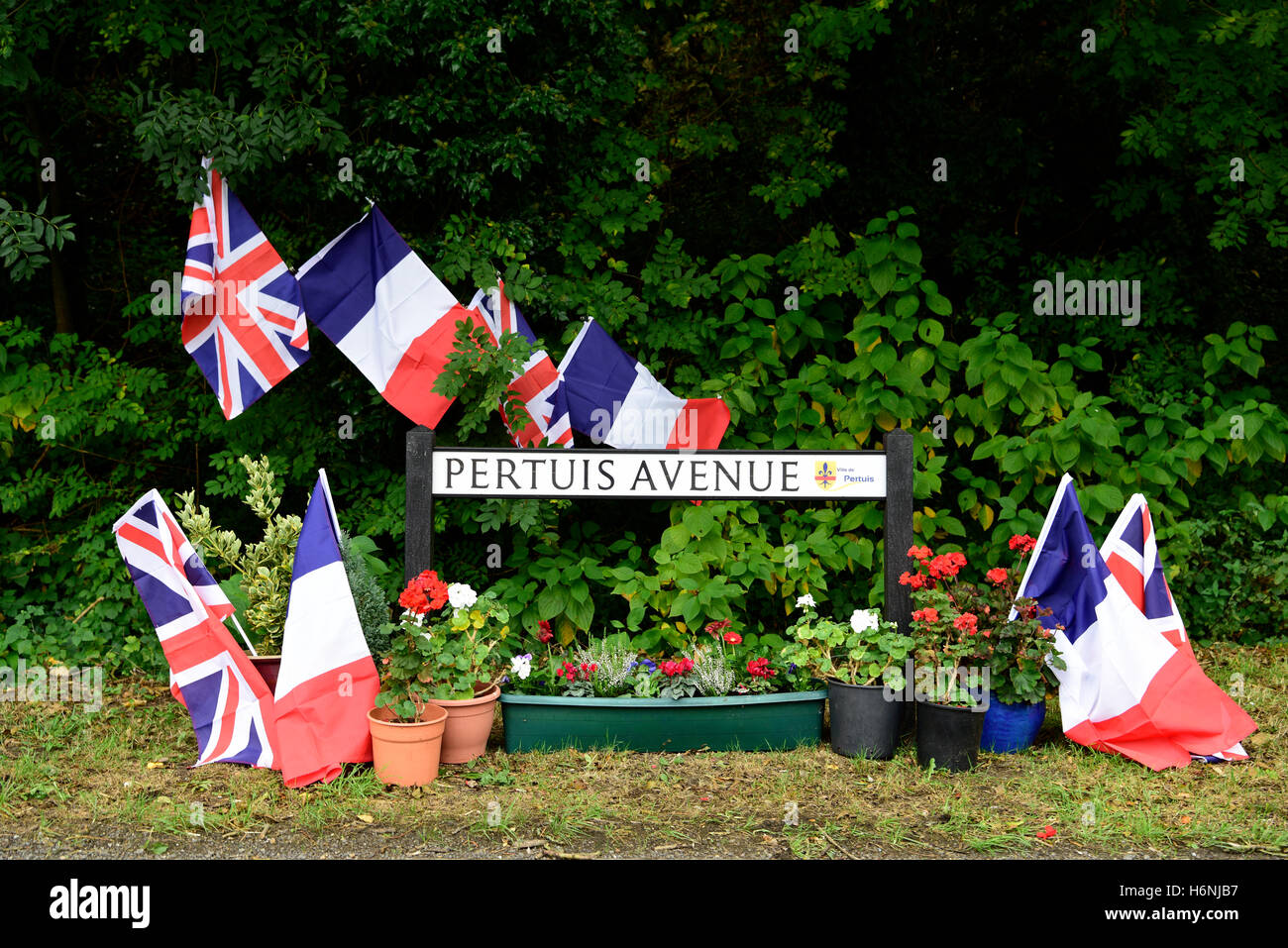 Union Jack & French tri-color flags adorn a newly unveiled road & sign which twins the town of Alton in UK with Pertuis, France Stock Photo