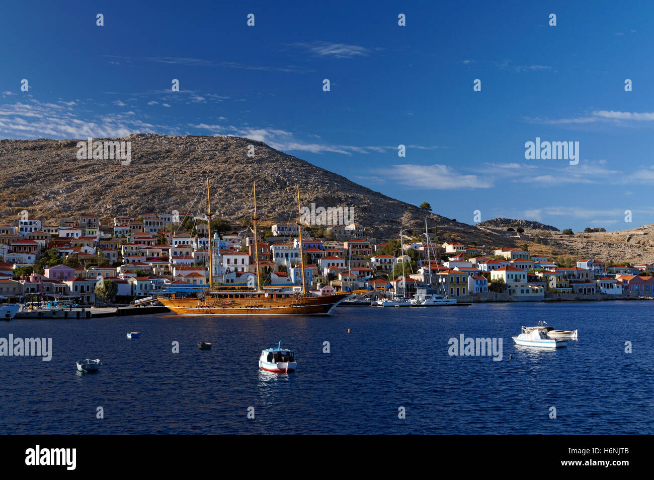 Three Masted Wooden Sailing Ship, Village Of Emborio, Chalki Island 