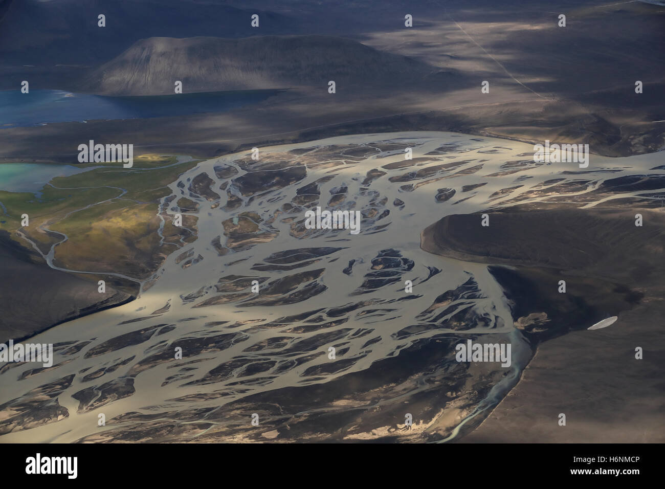 aerial view of glacial rivers in iceland