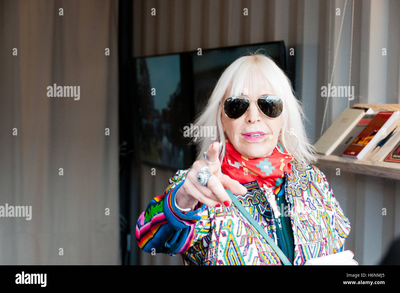 Artist Marta Minujin talking about her banned books pantheon project (Documenta 14) at the Frankfurt Bookfair / Buchmesse Stock Photo