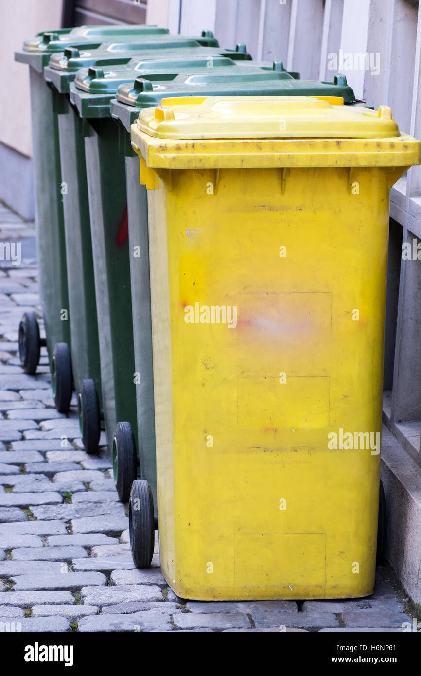 Row of garbage cans for waste separation and recycling Stock Photo Alamy