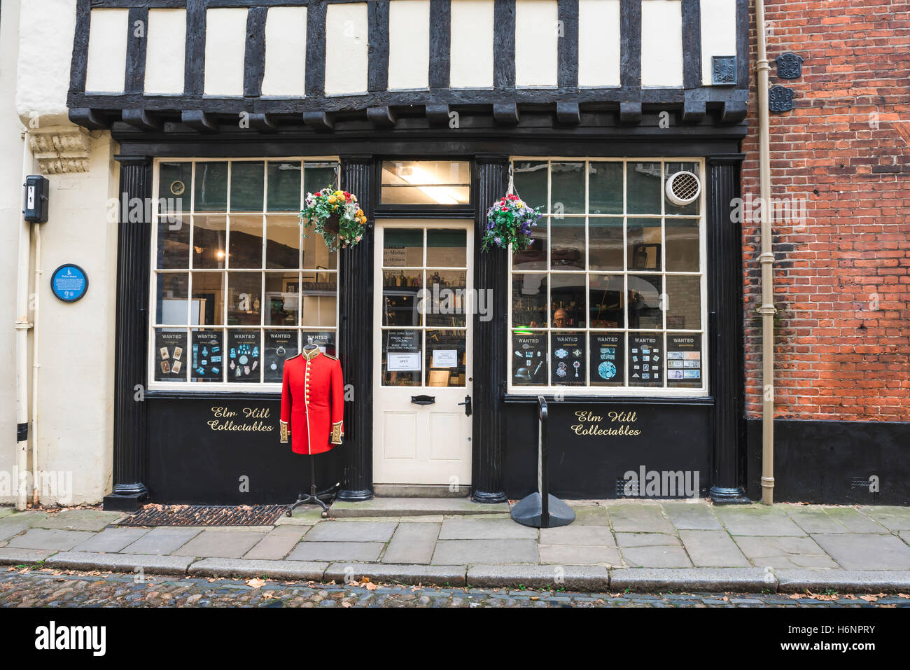 Elm Hill Norwich,view of a shop specialising in historical memorabilia