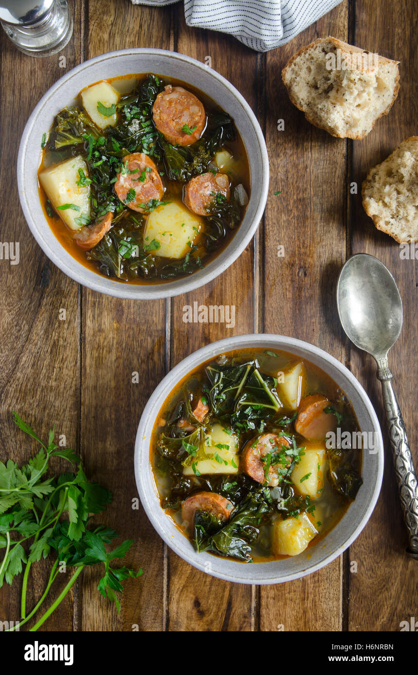 Kale, potato and chorizo soup Stock Photo Alamy