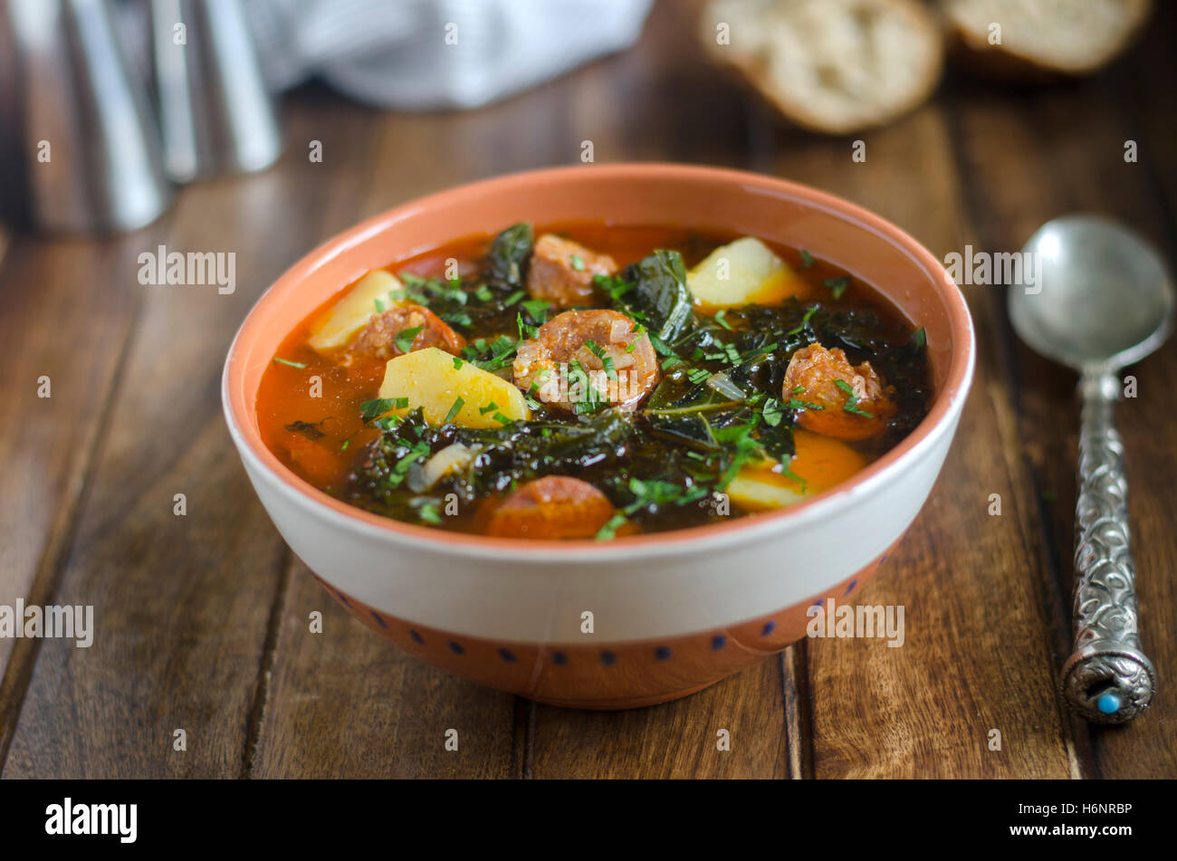 Kale, potato and chorizo soup Stock Photo Alamy