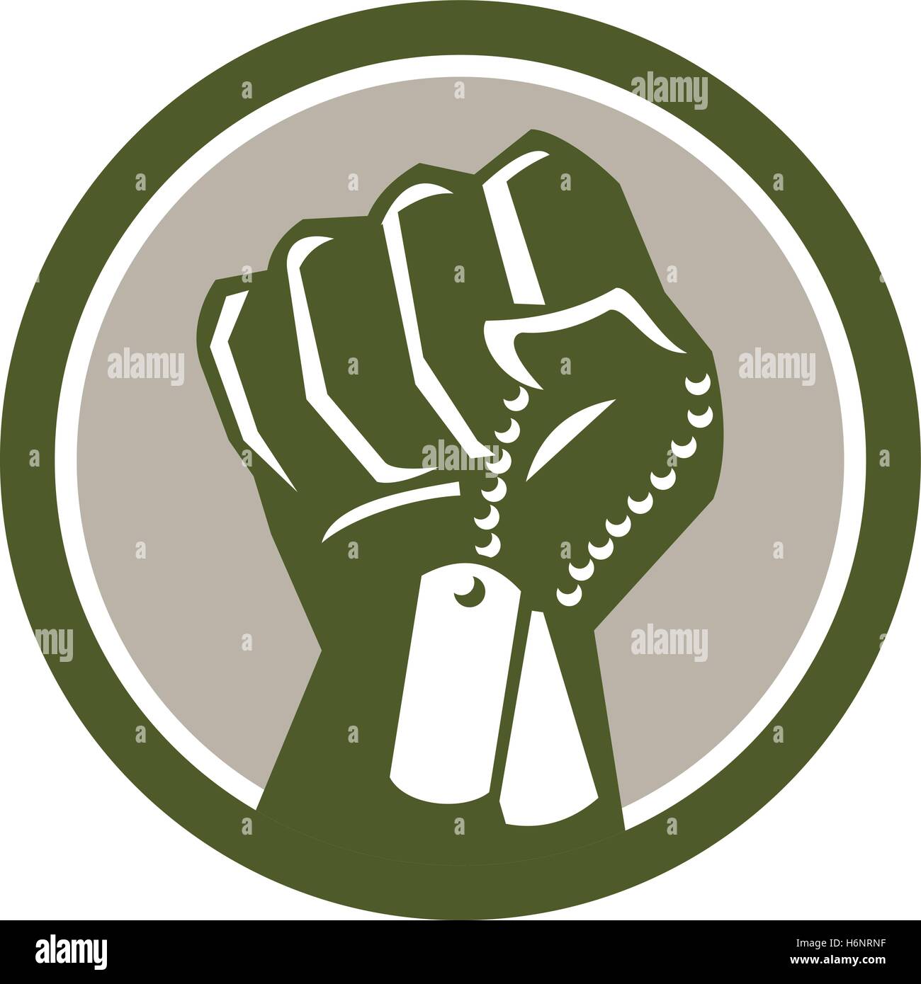Illustration of a clenched fist clutching holding dogtag viewed from