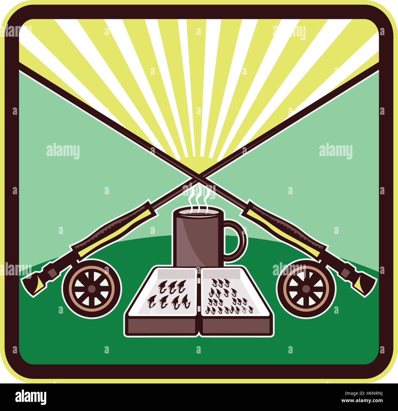 Illustration of a fly box, mug with crossed fly rods on wheels set inside rectangle shape with sunburst in the background done in retro style. Stock Vector