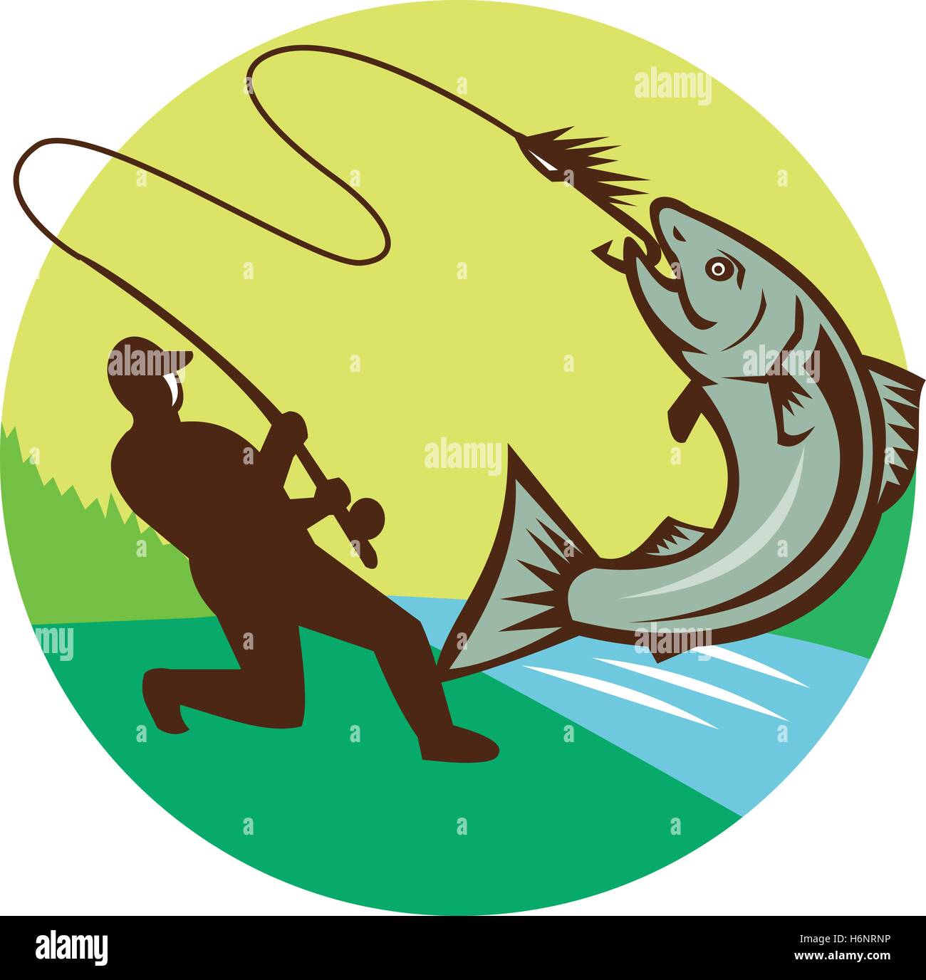 Illustration of a fly fisherman fishing casting rod and reel hooking salmon  viewed from the side set inside circle with river sea in the background  done in retro style Stock Vector Image