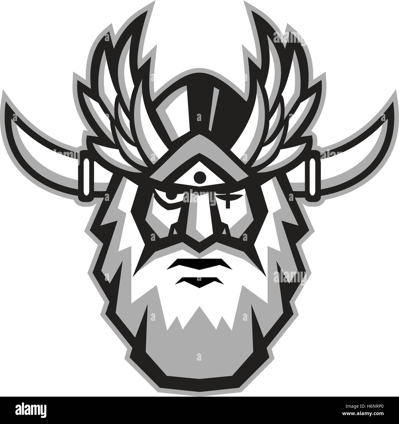Illustration of a head of Norse mythology god, Odin with beard, hat and blind on one eye viewed from front set on isolated white background done in retro style. Stock Vector