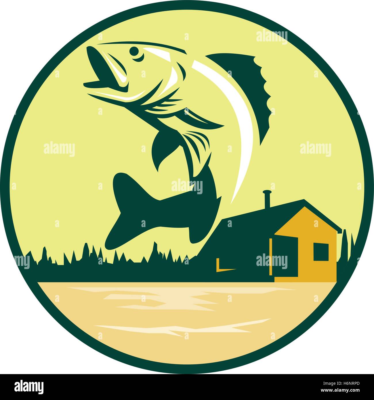 Illustration of a Walleye (Sander vitreus, formerly Stizostedion vitreum), a freshwater perciform fish jumping with lake and cabin in the woods in the background set inside circle done in retro style. Stock Vector