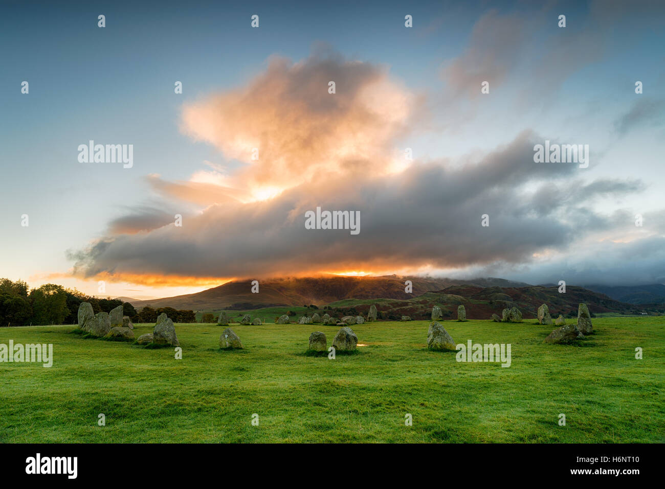 Dramatic sunrise over Castlerigg Stone Circle near Keswick in the Lake District National Parki in Cumbria Stock Photo