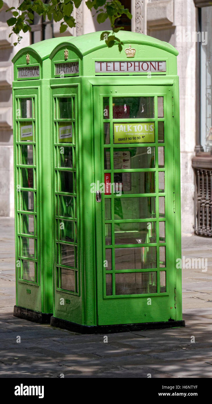 Traditional Green Telephone Booths in Central London Stock Photo