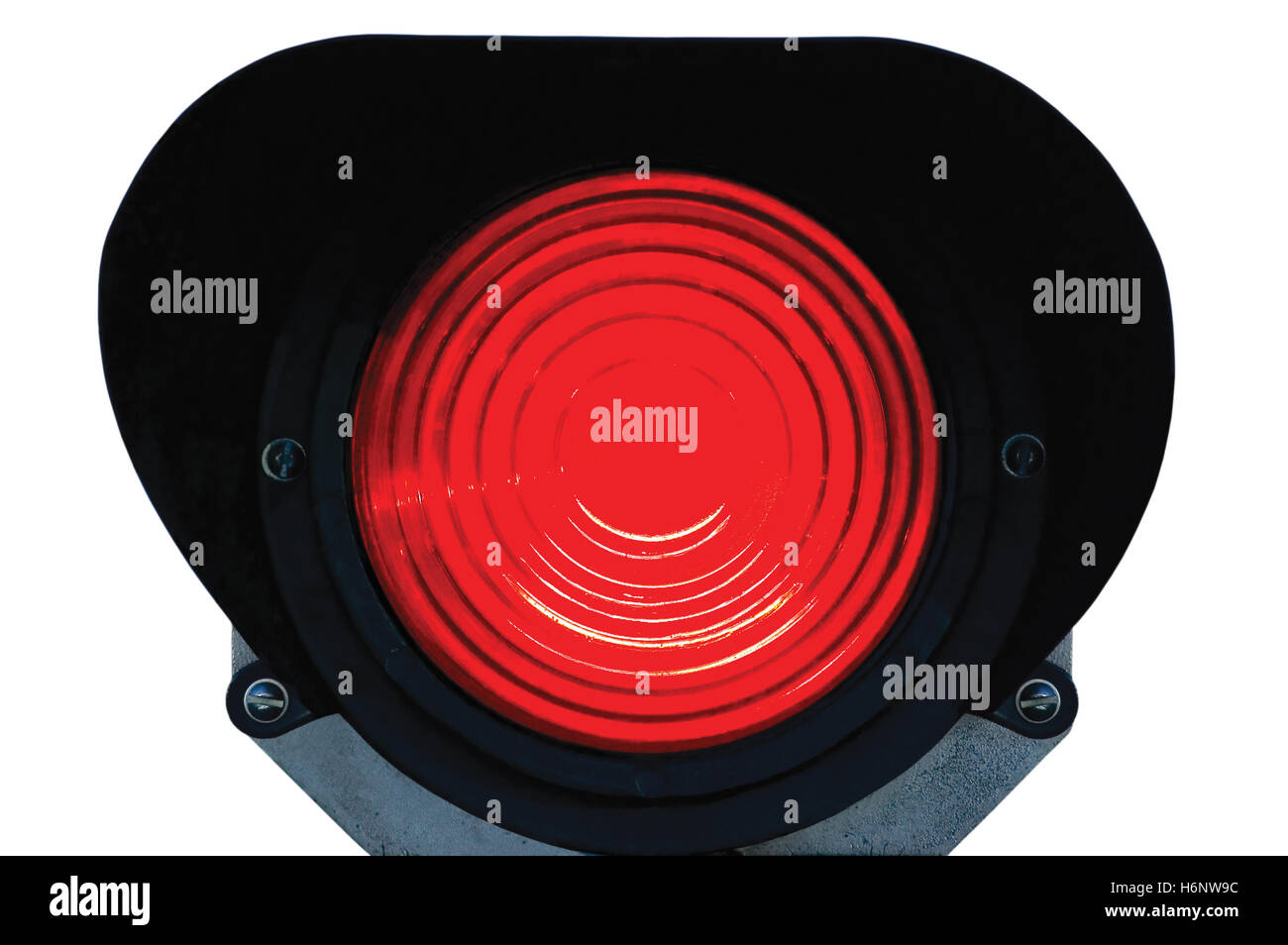 Red light railway traffic dwarf signal set at stop danger, isolated, railroad ground mounting lamp, large detailed closeup Stock Photo