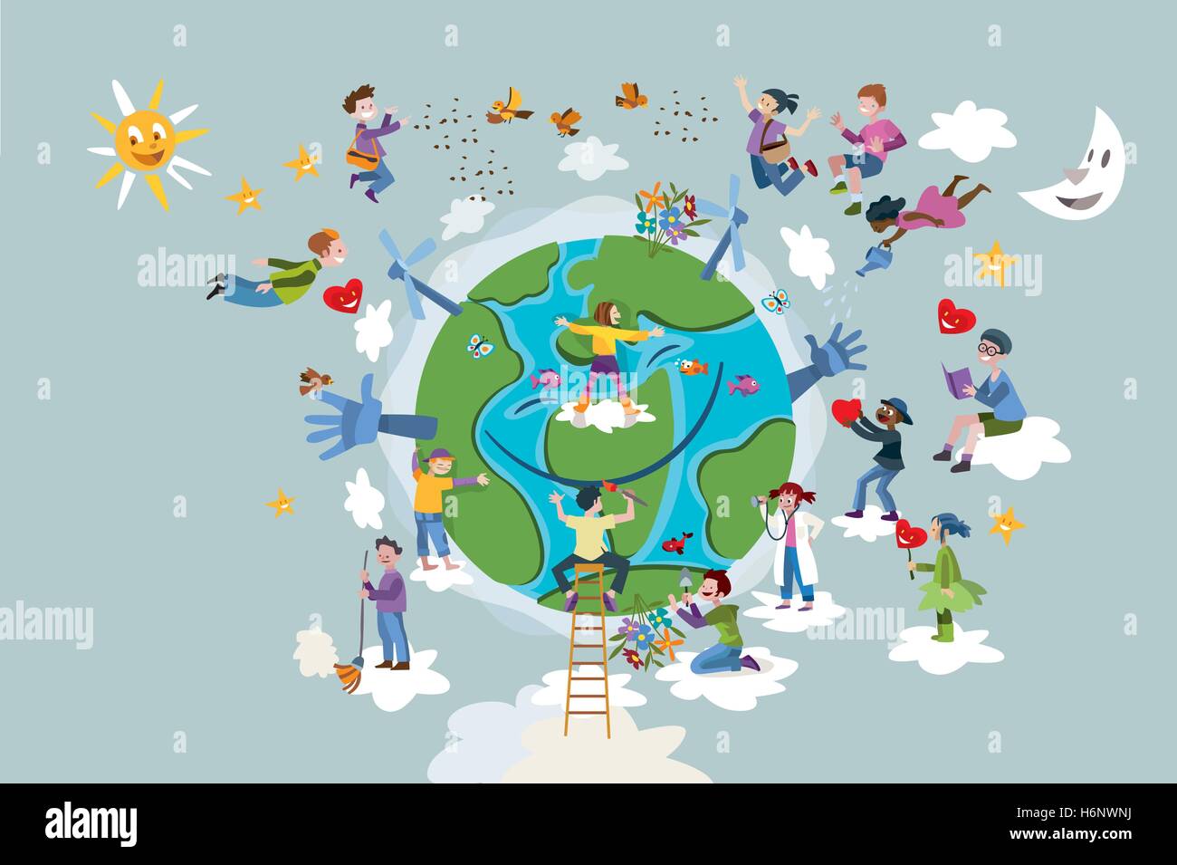 Circle of happy children of different races working and playing together take care of Planet Earth. Stock Vector