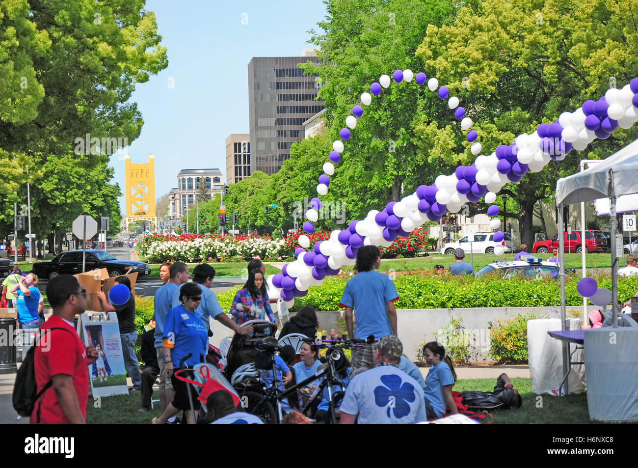 March of dimes event in midtown Sacramento at the California state capitol on the capital mall with the golden bridge. Stock Photo