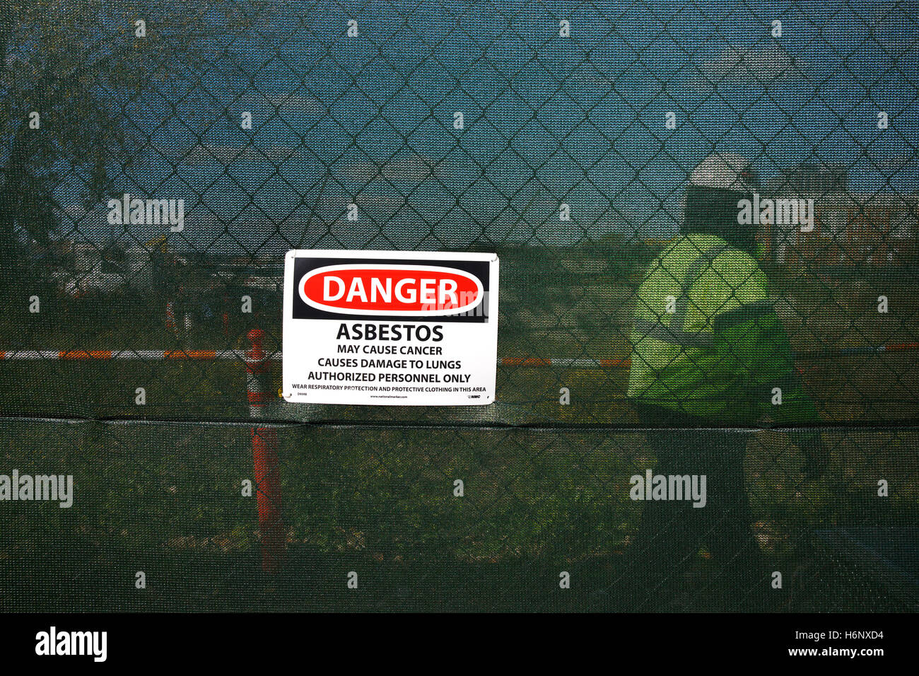 Asbestos warning, construction site, Boston, Massachusetts Stock Photo