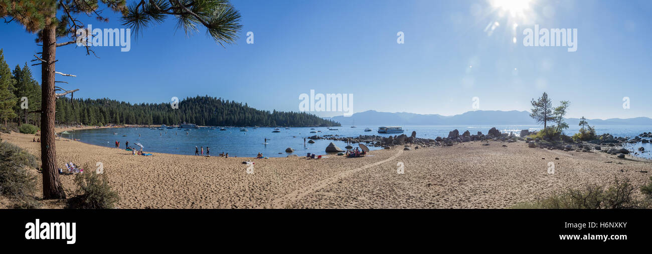 Panorama of idyllic Zephyr Cove at Lake Tahoe on a brilliant summer day. Stock Photo