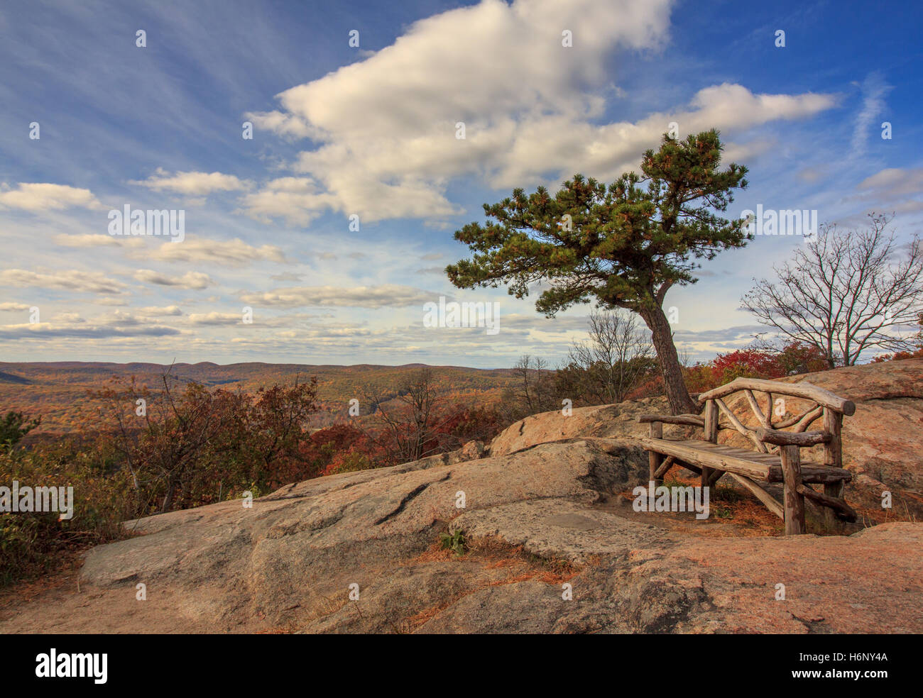 Wooden Bench located on top of Bear Mountain State Park, NY Stock Photo