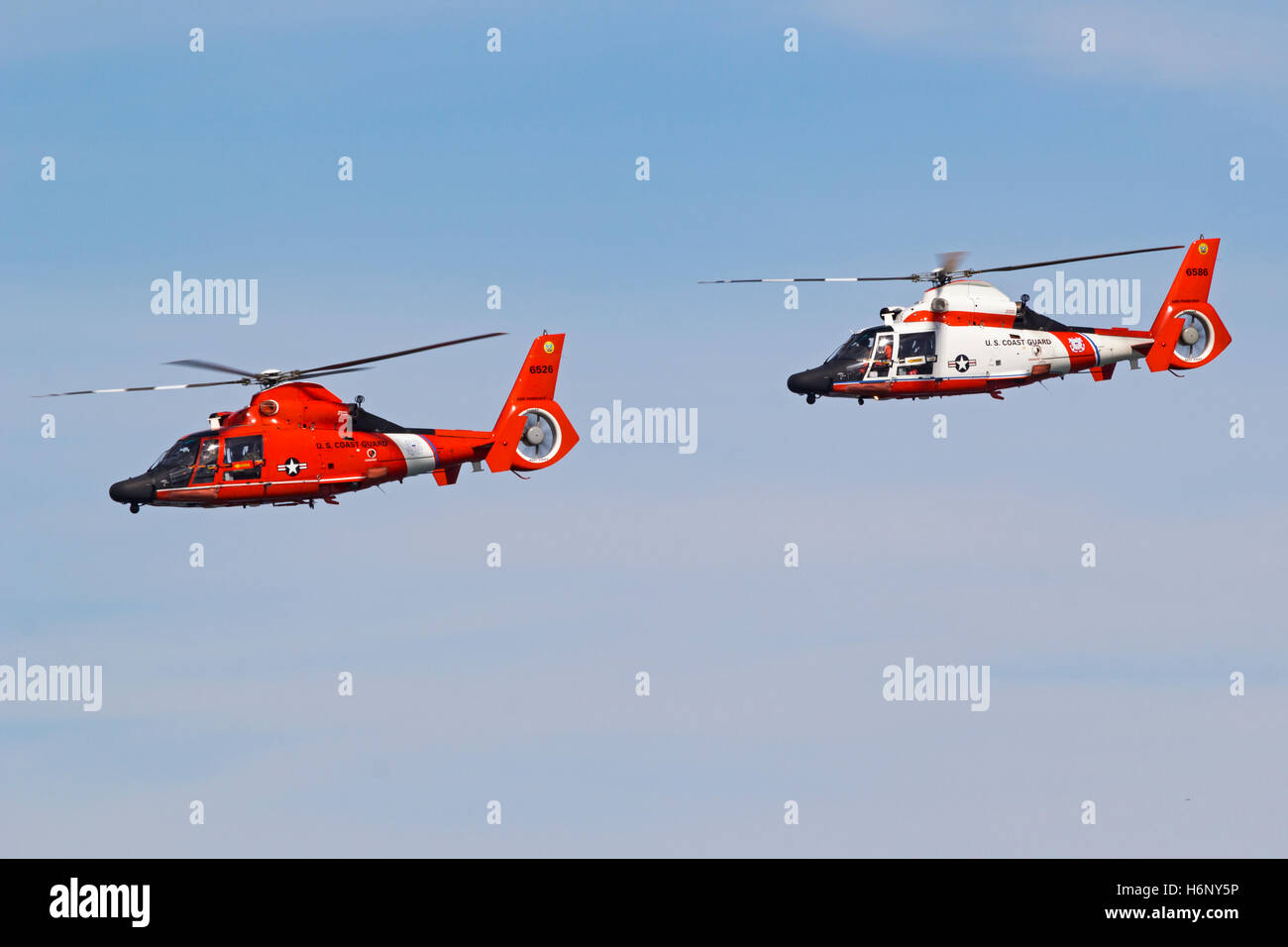 Pair of USCG MH-65 Dolphins from Air Station San Francisco in flight. Stock Photo