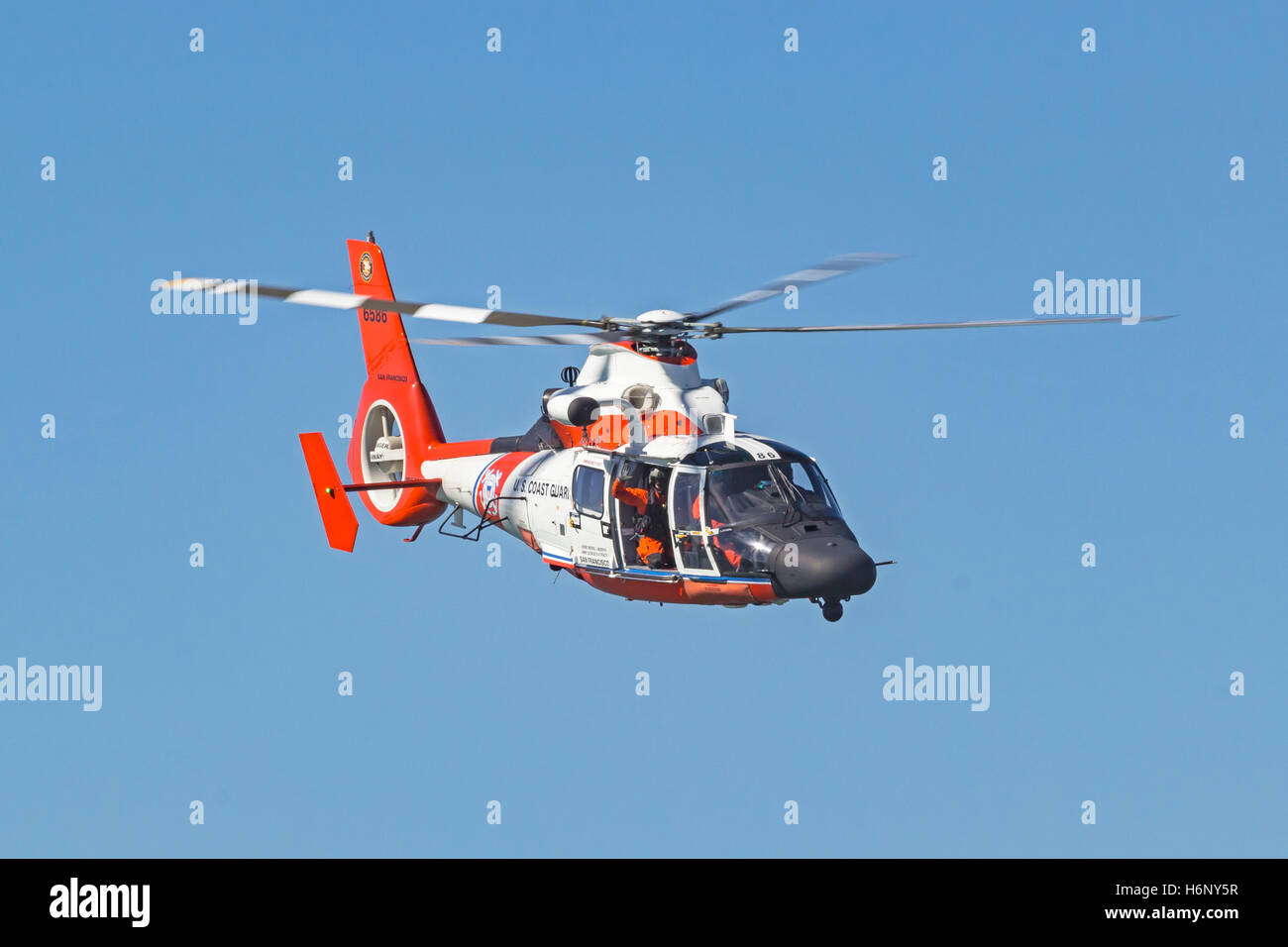 USCG MH-65 Dolphin from Air Station San Francisco in flight. Stock Photo