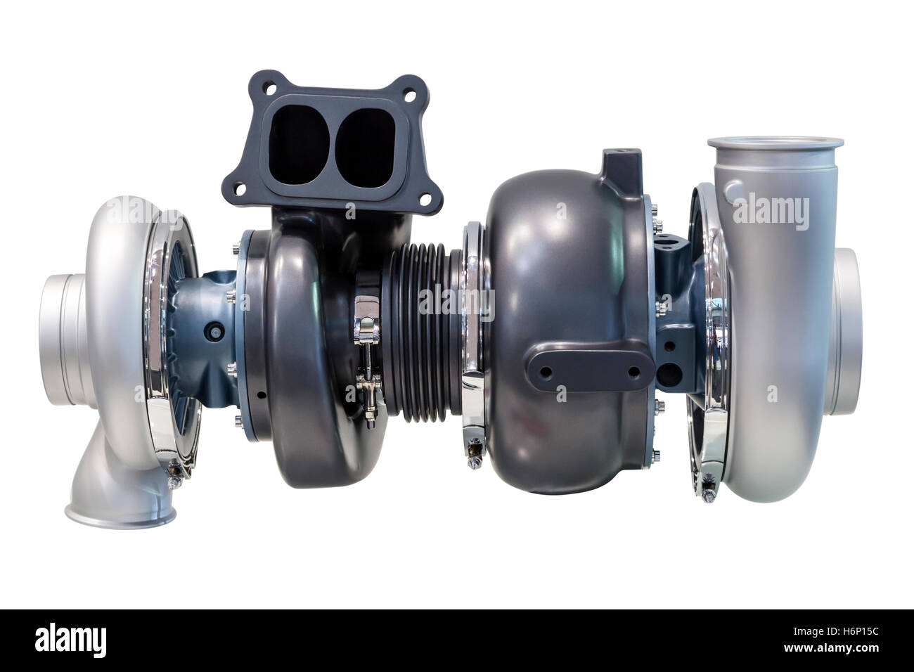 Automotive twinturbo supercharger from a truck isolated over white background Stock Photo
