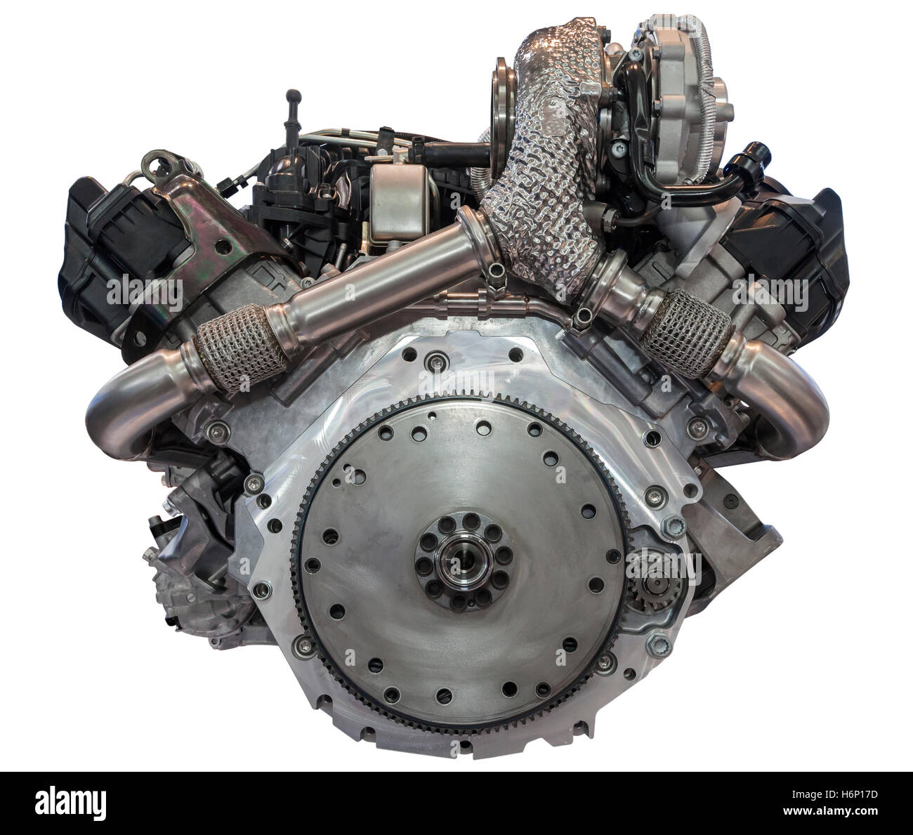 Modern v6 six cylinder diesel engine isolated on white background Stock