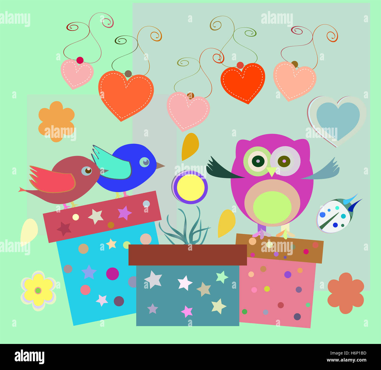 birthday party elements with cute owls, birds, hearts and flowers Stock ...