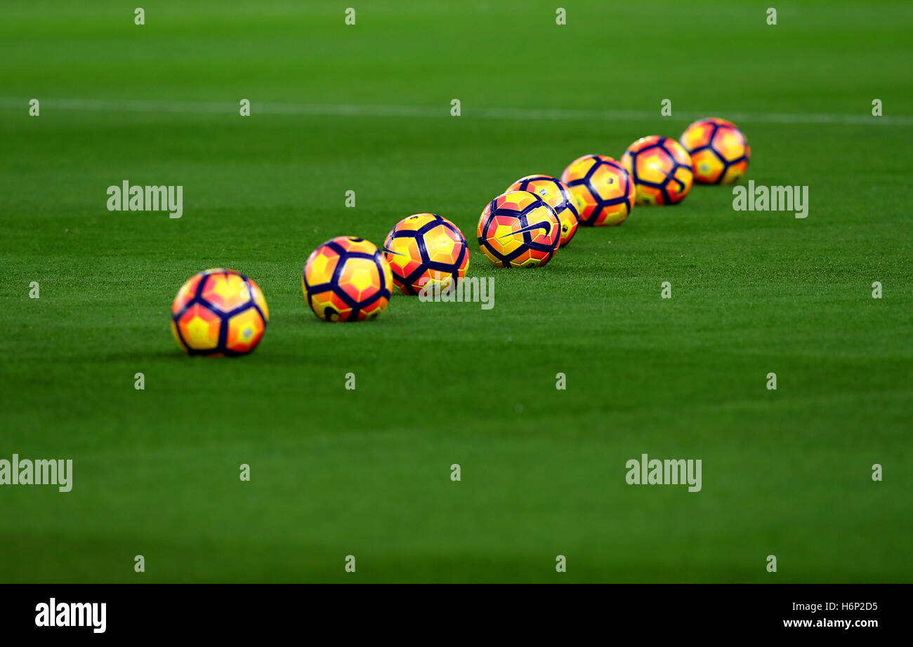 General view of Premier League Nike footballs on the pitch prior