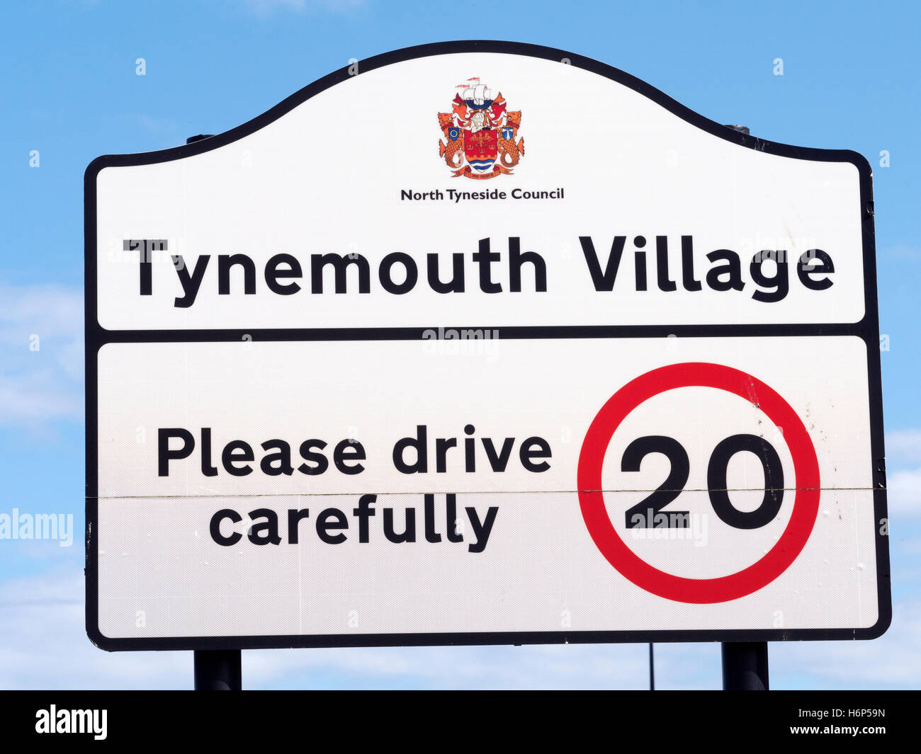 Welcome to Tynemouth Village sign, Tynemouth, Tyne and Wear, England, UK Stock Photo