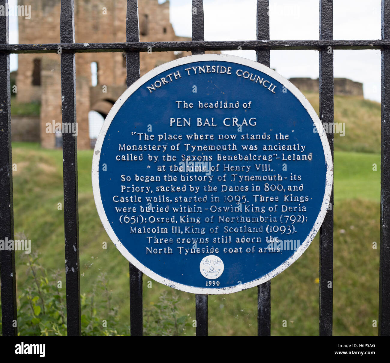 Blue plaque at the headland of Pen Bal Crag, Tynemouth, Tyne and Wear, England, UK Stock Photo