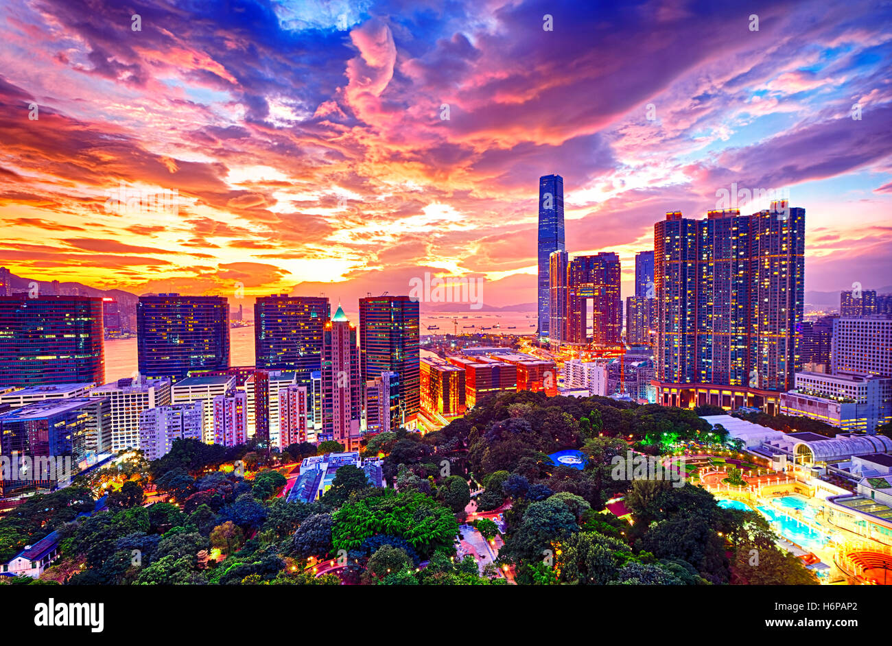 Hong Kong skyline at sunset Stock Photo - Alamy