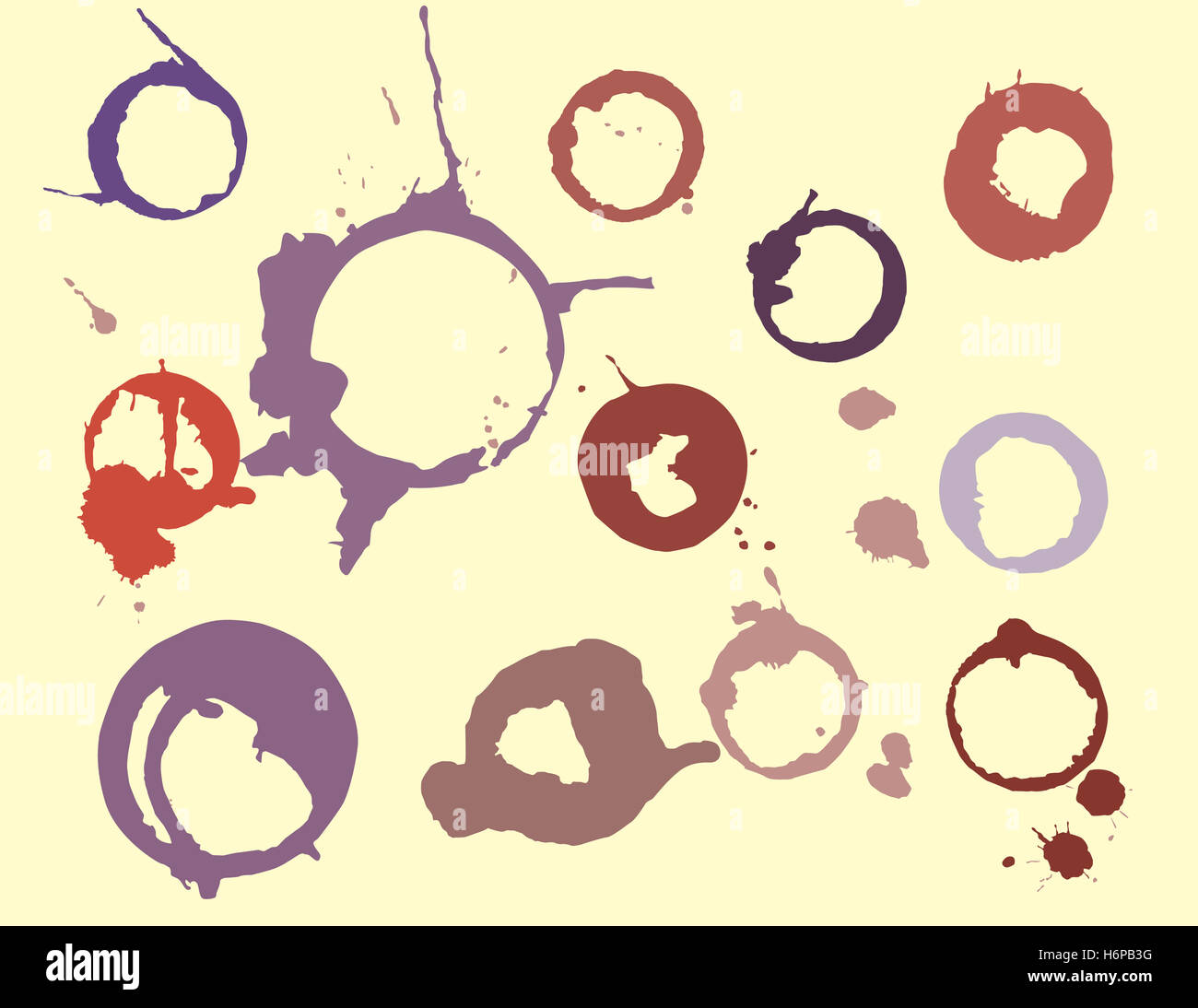 wine circle abstract rings pattern stain backdrop background discolor yellow drop drip drops seeping sopping drips Stock Photo