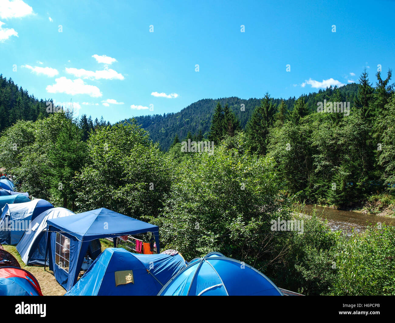 Tourist camp is located on the banks Stock Photo
