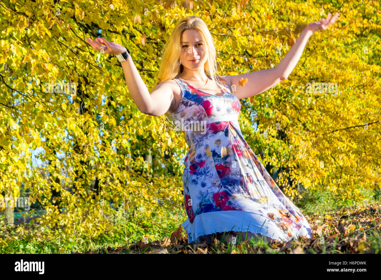Beautiful woman in autumn park with yellow leaves Stock Photo - Alamy