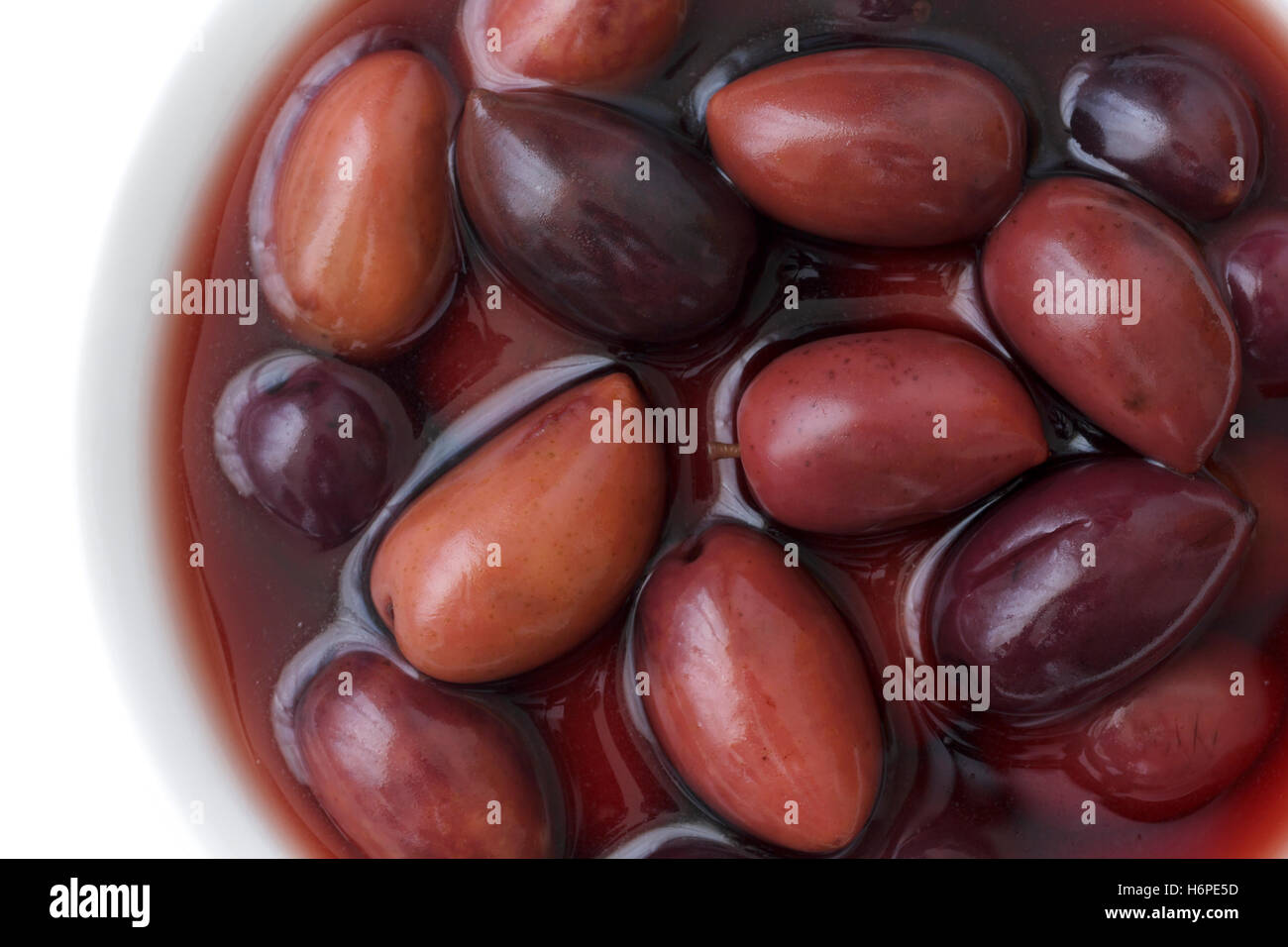 Bowl of Kalamata Greek olives. Detail from above. Stock Photo