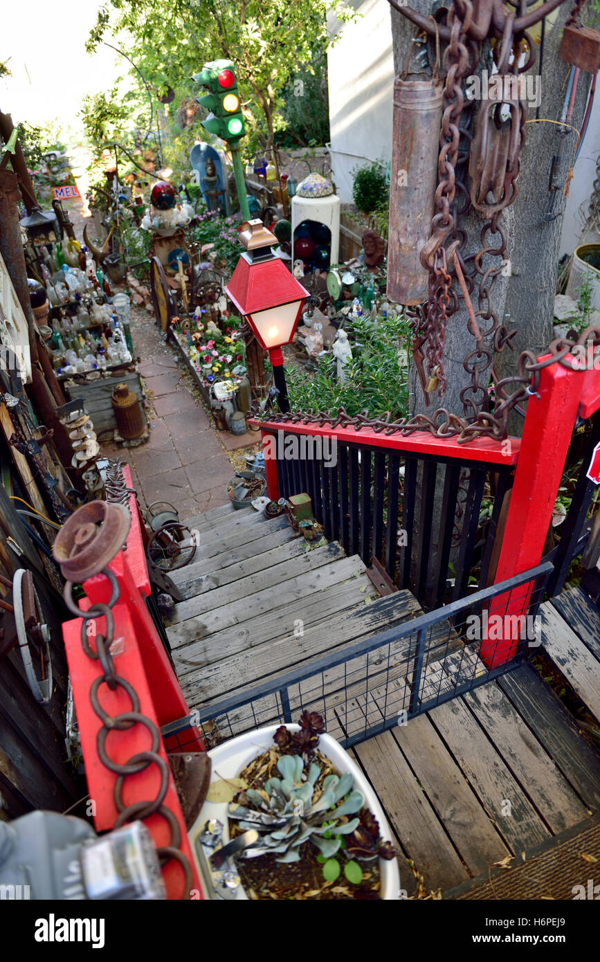 Old mining village of Jerome, Arizona, USA. Steps down to yard of
