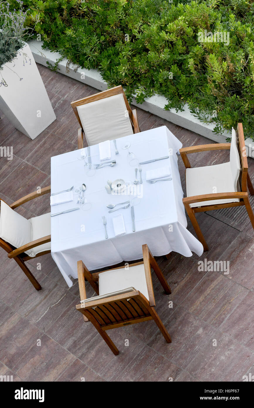 table and chairs set for outside eating at restaurant Stock Photo Alamy