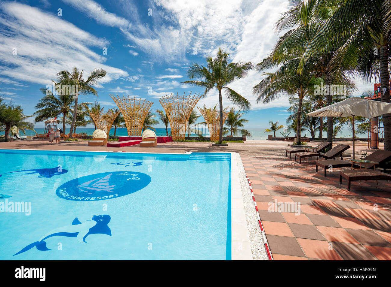 Swimming pool area at Thanh Tam Resort. Lang Co, Thua Thien Hue Province, Vietnam. Stock Photo