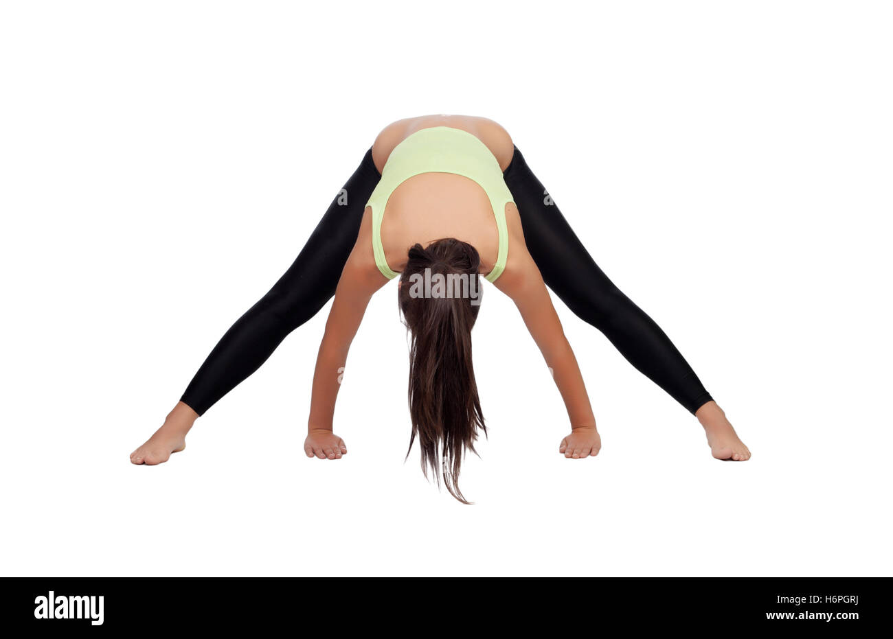 Pretty woman doing stretching into her workout isolated on white background Stock Photo
