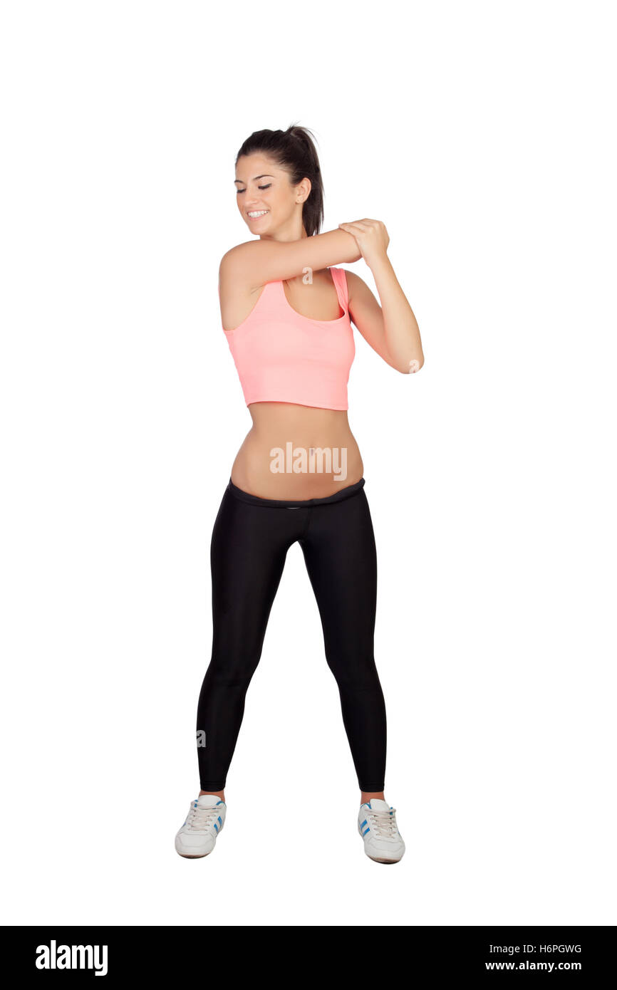 Attractive brunette girl stretching arms after the training isolated on a white background Stock Photo