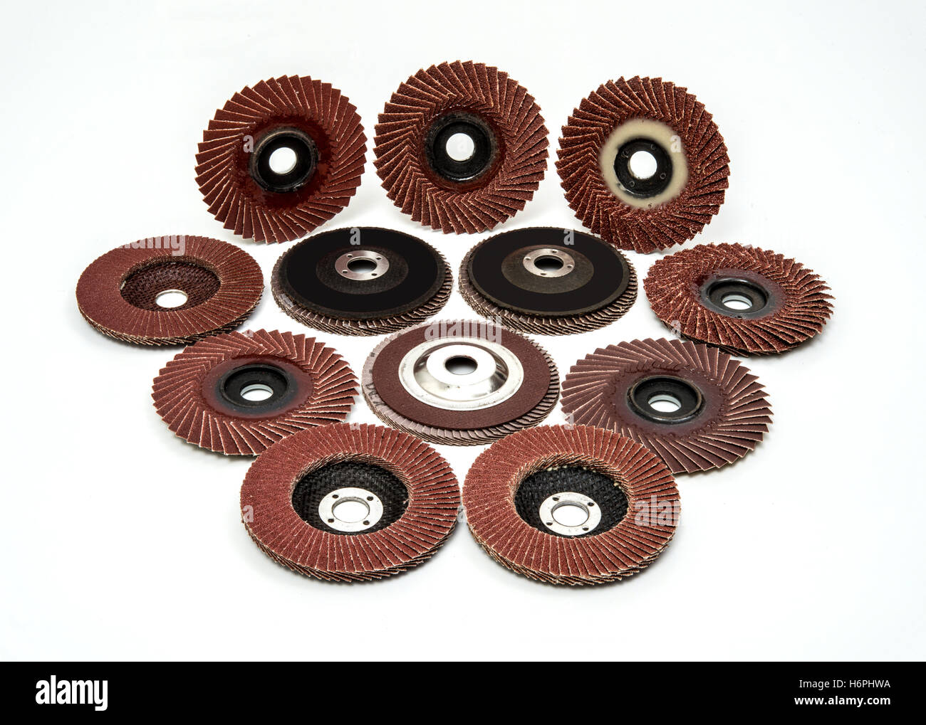 Flap Sanding Grinding Discs Polishing Wheels on White Background Stock