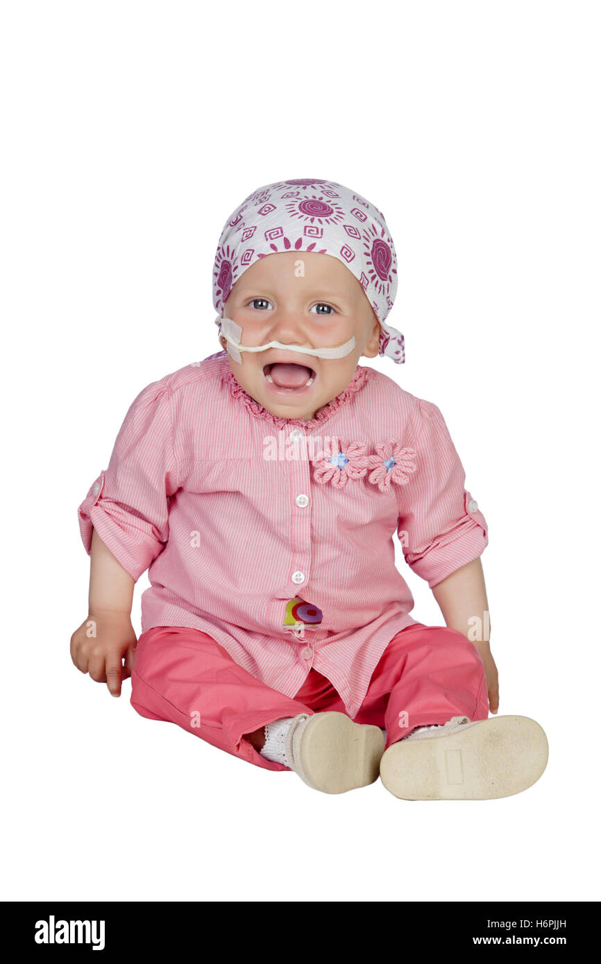 Adorable baby with a headscarf beating the disease isolated on white background Stock Photo