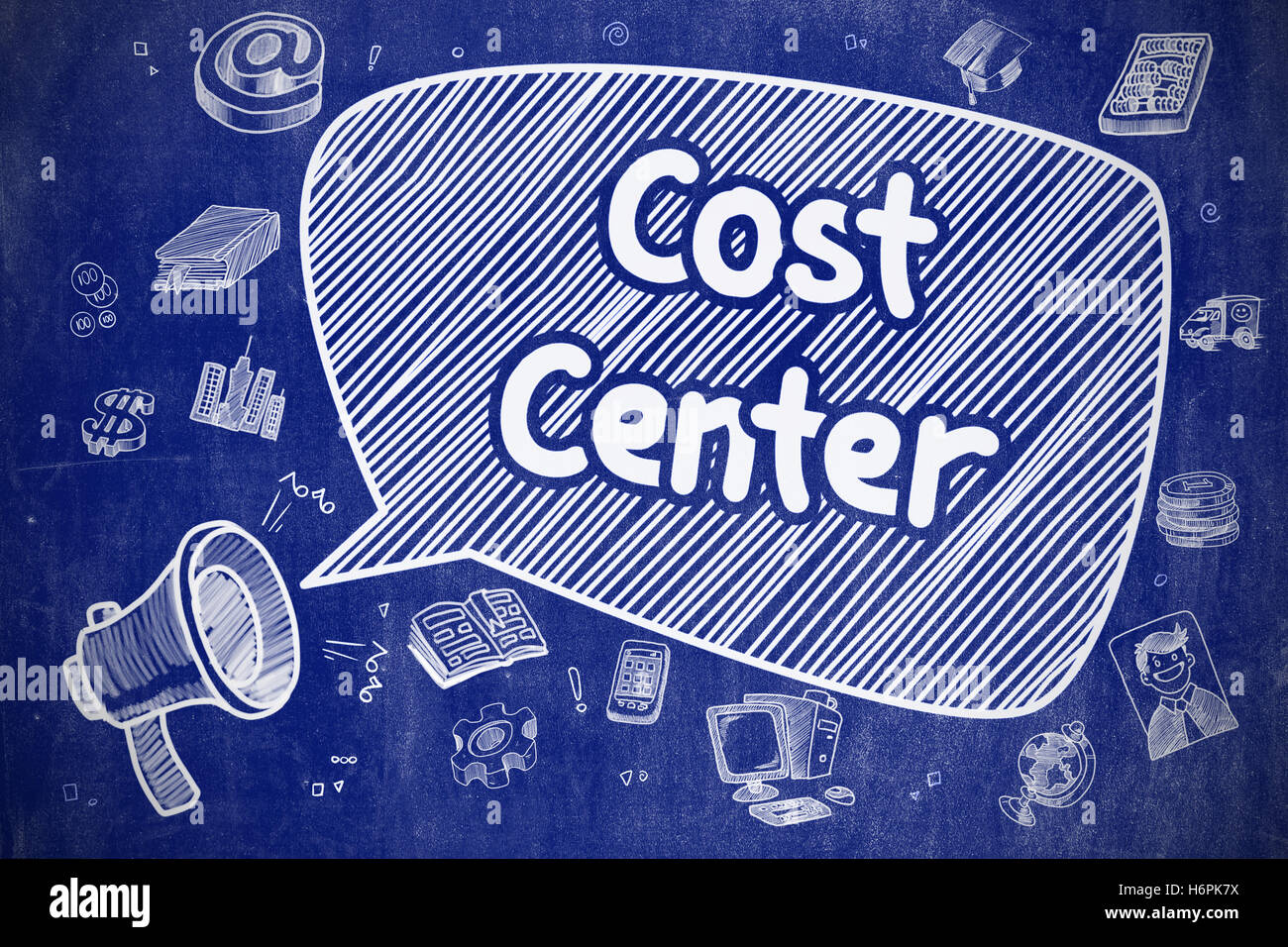 Cost Center - Cartoon Illustration on Blue Chalkboard. Stock Photo